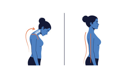 Medical diagram comparing bad hunched posture with correct straight posture of a woman to illustrate spinal health.