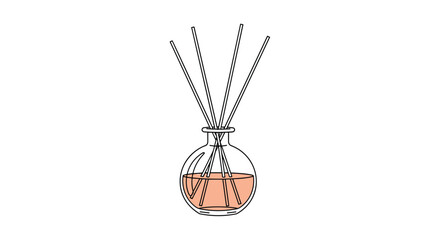 Obraz premium Simple line drawing of a glass reed diffuser bottle with scented aroma oil and several wooden fragrance sticks.