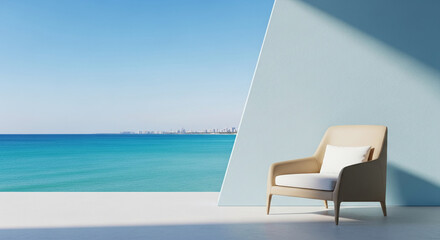 Beige armchair against light-blue wall, ocean view background Showcase of relaxation and tranquility, ideal for coastal living or vacation concepts