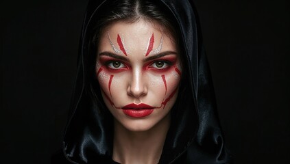 Mysterious woman in black hood with striking red face paint and fierce expression on dark background