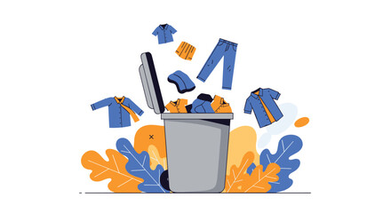 Conceptual illustration of various clothes being thrown into a large gray trash can for recycling purposes.