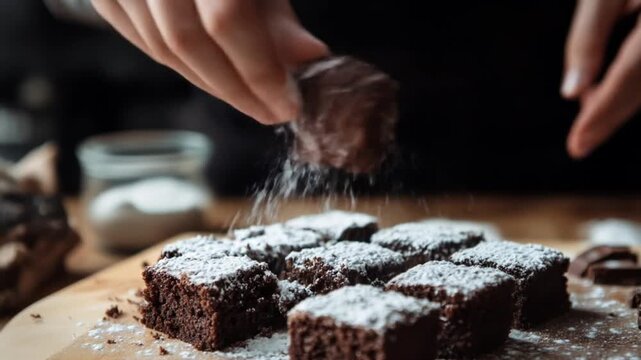 Close up of freshly baked brownies sprinkled with powdered sugar