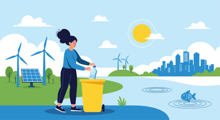 Illustration of a woman recycling a plastic bottle in a sustainable city with wind and solar energy.