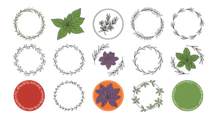Large collection of diverse botanical wreaths frames and floral elements in various styles and colors.