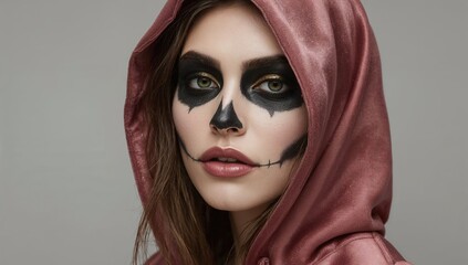 Woman with skull face makeup in pink velvet hooded cloak, halloween costume, dramatic eyes, creative beauty concept
