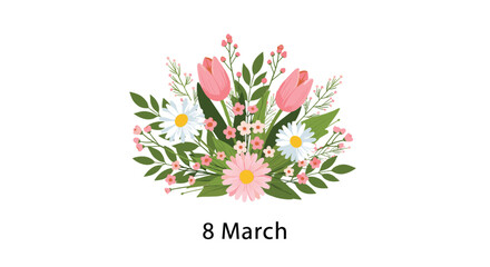 Beautiful bouquet of pink tulips and white daisies for international women's day celebration greeting.