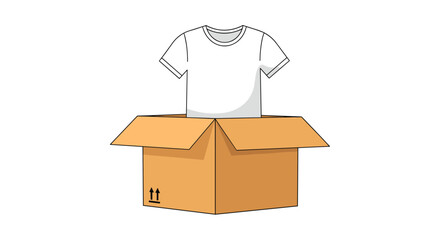 Illustration of a plain white t-shirt emerging from an open brown cardboard shipping box for delivery.