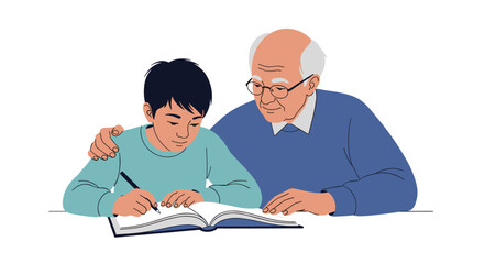 Heartwarming illustration of a grandfather helping his young grandson with his school homework at home.