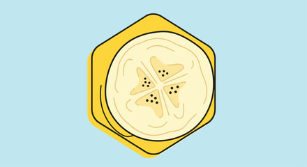 Detailed cross section illustration of a ripe banana slice showing the internal structure and small seeds on a bright yellow background.