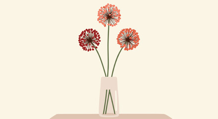 Three beautiful allium flowers in shades of red and orange displayed in a simple glass vase on a clean minimalist background.