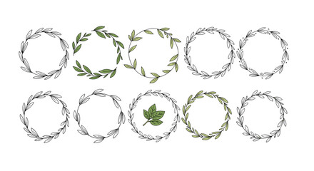 Collection of ten different hand drawn circular wreaths made of green leaves and delicate branches for decorative floral design elements.