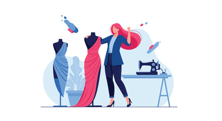 Professional female fashion designer working on a red evening gown draped over a mannequin in a creative studio with a sewing machine.