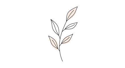 Simple hand drawn line art of a small plant branch with a few leaves and soft pink highlights for minimalist nature decoration.