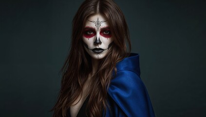 Mysterious woman with sugar skull makeup in blue cloak for day of the dead celebration