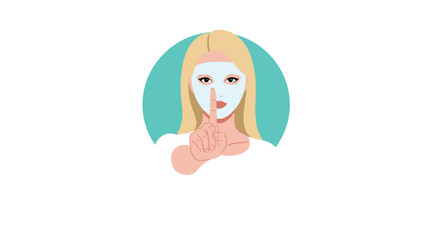 Young woman wearing a white facial mask and making a quiet gesture while pampering herself during a relaxing home skincare routine.