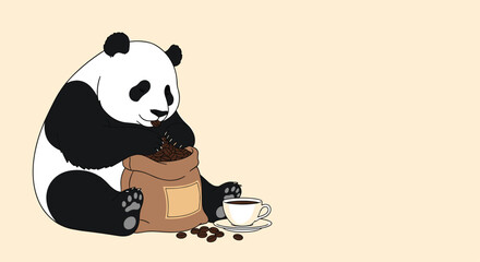 Whimsical illustration of a giant panda sitting down and eating coffee beans directly from a large burlap sack next to a cup of coffee.