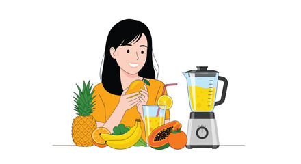 Happy woman preparing a fresh tropical fruit smoothie using a blender with pineapple mango papaya and bananas for a healthy diet.