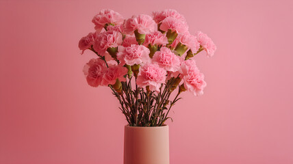 Soft Pink Carnation Flowers in Minimal Vase on Pastel Pink Background, Elegant Floral Still Life for Romantic and Modern Decoration, on the pink background.