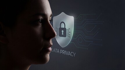 A woman looks at a digital shield with a padlock and circuit board design, symbolizing data privacy and security.