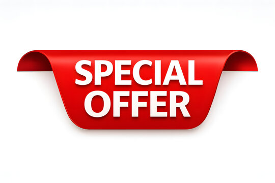 Special offer red realistic ribbon banner with shadow isolated on a white background.