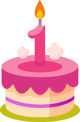 First 1st year Pink birthday cake with one candle .Flat vector illustration , white background