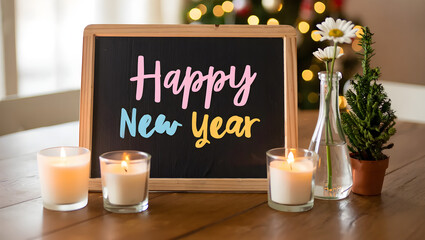 Happy New Year Celebration with Candles and Festive Decorations