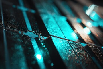 Close view of solar panels showing water droplets on surface and reflections under bright light during daytime
