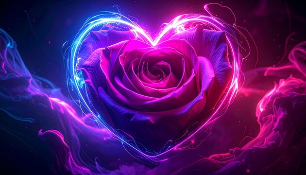 A vibrant rose shaped like a heart on Rose Day surrounded by swirling purple and blue smoke