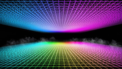 Abstract futuristic background with reflective neon wireframe grids and colorful gradient lighting in a dark virtual reality space.
