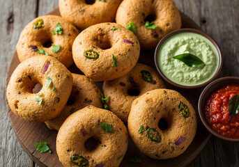 Delicious Medu Vada served with coconut chutney and tomato chutney on a rustic wooden board. Popular South Indian snack.
