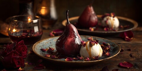Red wine poached pears on parchment are drizzled with honey and pistachios. Candlelight and a handwritten note give the scene personal Valentine intimacy.