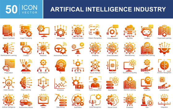 Artificial Intelligence Industry Icon Collection Set. Featuring automation, data science, machine learning, robotics, autonomous systems, and future digital technology. Simple vector illustration