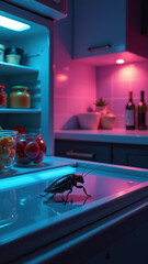 Close up of a large cockroach crawling on a glass shelf. Neon blue and magenta lighting in a kitchen. Pest control and hygiene concept. Vertical photo of an insect infestation