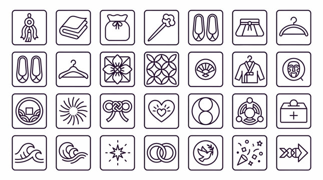 Japanese Culture and Tradition Icon Set with Kimono Sandals and Traditional Patterns. EPS Editable