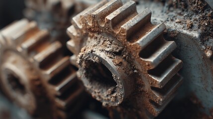 Close-up of interlocked metallic gears in a dusty workshop setting