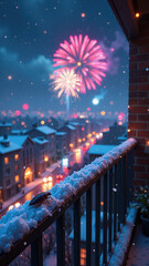 Vertical close-up of a cockroach on a snowy balcony railing at night. Magenta fireworks over a blurred city street. New Year celebration and pest control concept