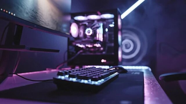 High-end gaming PC setup with RGB lighting and keyboard.
