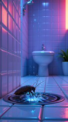 Vertical photo of a cockroach on a chrome floor drain in a bathroom. Pest control and infestation concept. Modern bathroom with glossy white tiles and neon blue and pink lighting