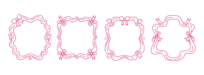 Doodle whimsical coquette frames and borders with bows and hearts, hand drawn decorative rectangle frames for wedding invitation