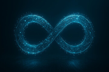 Glowing Blue Digital Infinity Symbol Made of Circuit Lines Showing Endless Data Flow and Futuristic Technology Concept