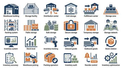 Warehouse and Logistics Icons Set A Comprehensive Collection of Storage and Inventory Management Symbols. EPS Editable