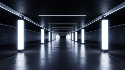 Illuminated corridor with receding perspective and dark, textured surfaces