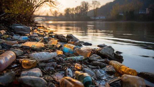 A serene sunset reflecting on a river, with a stark contrast of plastic waste along the shoreline