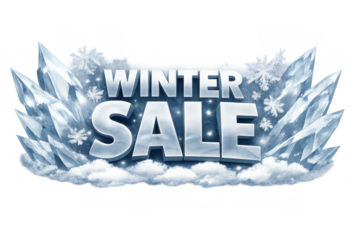 Winter sale frozen text with ice crystals, snowflakes, and snow clouds. Seasonal shopping promotion banner