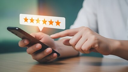 Business rating and review concept with mobile phone and five star feedback