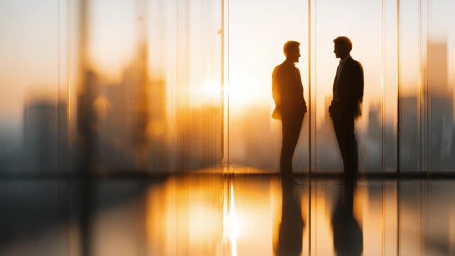 A Serene Moment of Connection: Two Business Professionals Silhouetted Against a Breathtaking Sunset Over City Lights, Capturing the Essence of Meaningful Dialogue and Collaboration