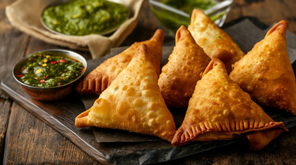 Crispy Indian Samosa Served with Chutney.