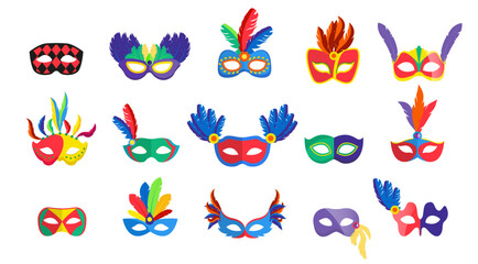 Masquerade colorful mask set. Collection of 15 masks with feathers and jewels. Isolated. Vector