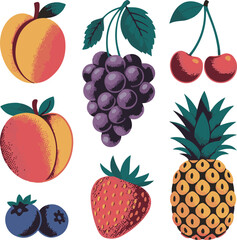 Vintage Halftone Summer Fruit Collection, Retro Duotone Fruit Vector Set with Peach, Grapes, Pineapple and Berries