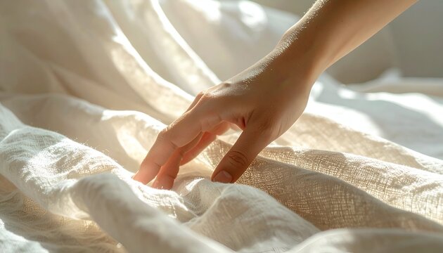 Hand touching soft textured white fabric in natural sunlight